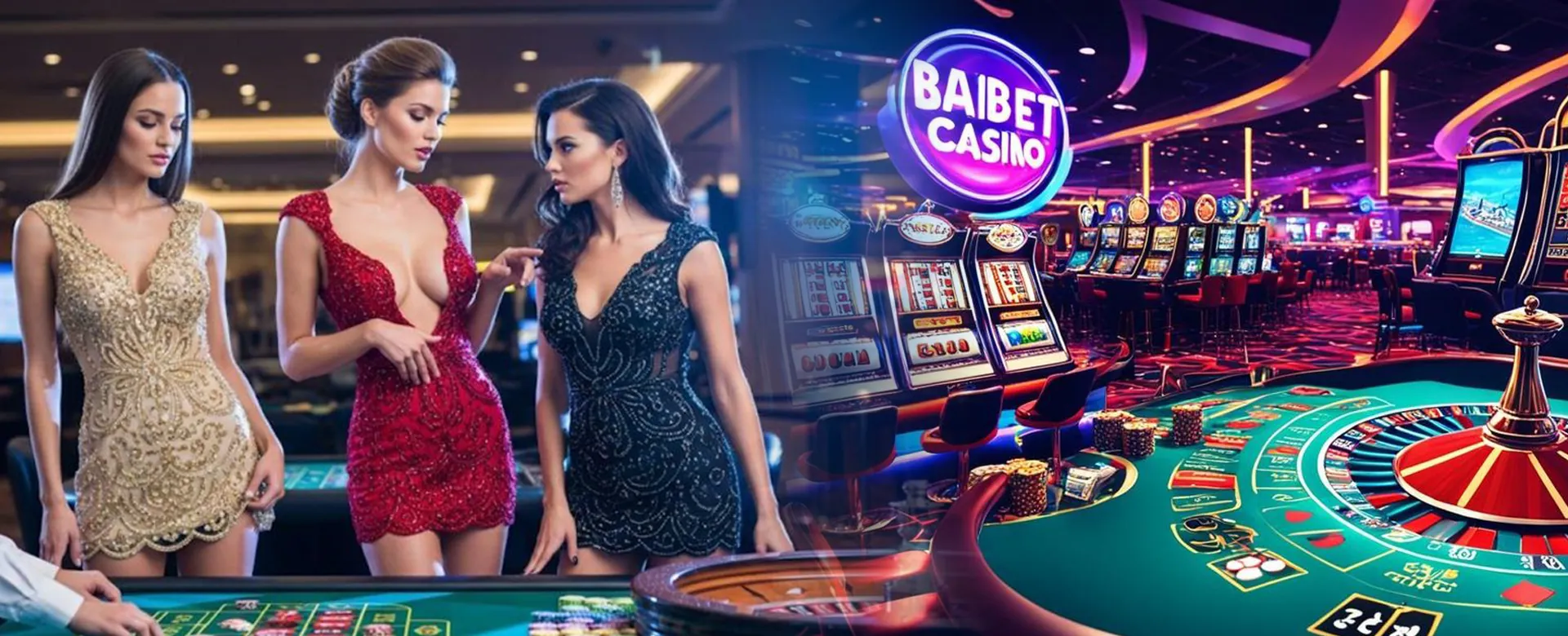 Dynamic online casino background with vibrant lights and game elements